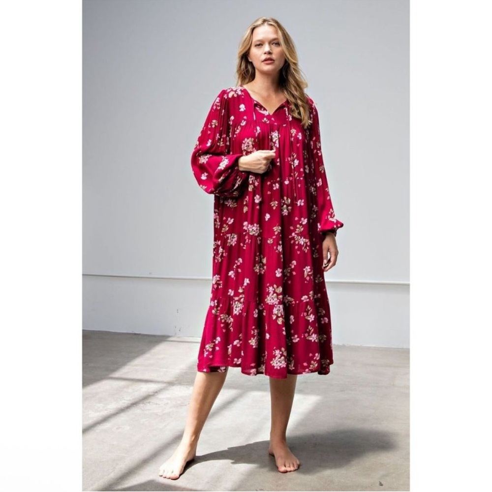 NWT Easel Wine Floral Ruffled Midi Dress